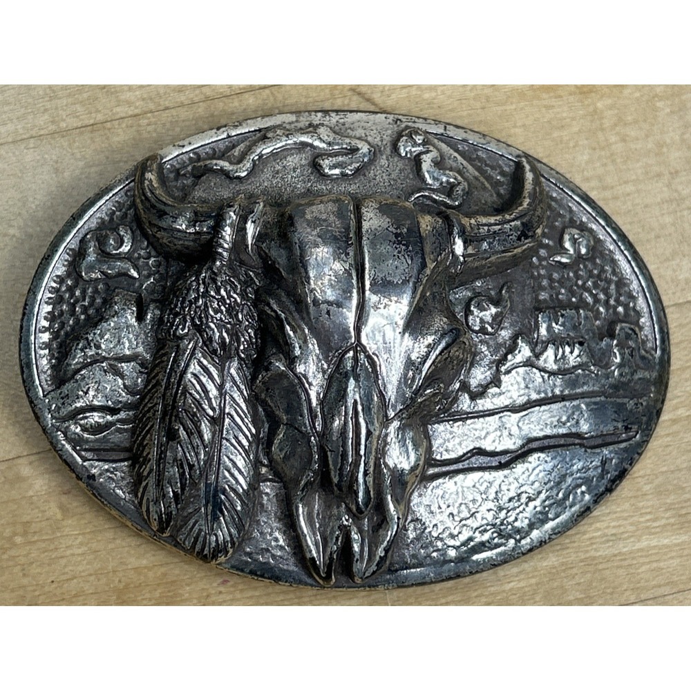 Cow Skull Pueblo Belt Buckle Vintage Looking Silver Color Cowboy Rustler Western